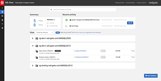The SQL Clone dashboard